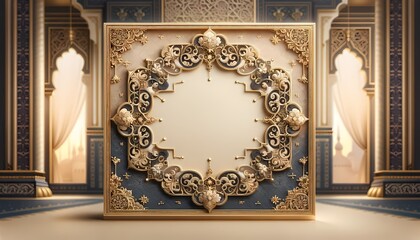 Obraz premium Elegant Islamic background and wallpaper with a decorative golden border, a soft-focus gradient in beige and navy, perfect for quotes or greetings