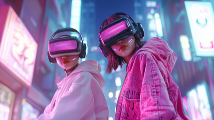 virtual event conference technology concept.Immersive virtual event with AI hosts in vibrant cyberpunk setting