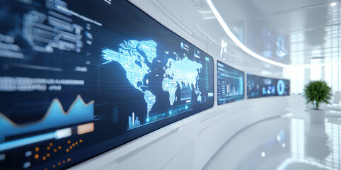 virtual event conference technology concept.Futuristic office with digital world map and data analytics displays