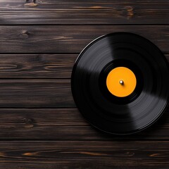 Obraz premium A classic black vinyl record on a rustic wooden surface, perfect for music lovers and vintage enthusiasts.