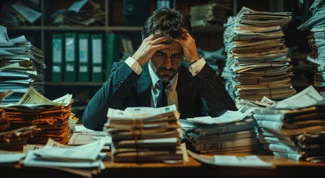 stressed businessman in a suit is overwhelmed by an immense pile of paperwork, capturing the feeling of frustration and work pressure in a chaotic office environment