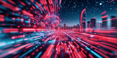 Experience the energy of a connected city in this abstract cityscape radiating with digital data flow.