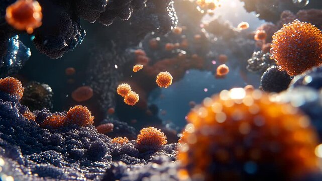 Exploring vibrant cellular structures in a microcosmic environment with surreal lighting effects