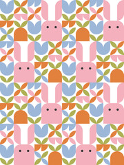 Easter creative template with bunnies, eggs and geometric shapes. Modern template for poster, banner or postcard for Easter holiday.