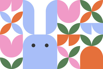 Easter creative pattern with bunnies, eggs and geometric shapes. Modern design for cards, banners and posters for Easter holiday.