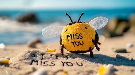 Stuffed bee toy posing next to sand written message that says "I MISS YOU" bright beach scene