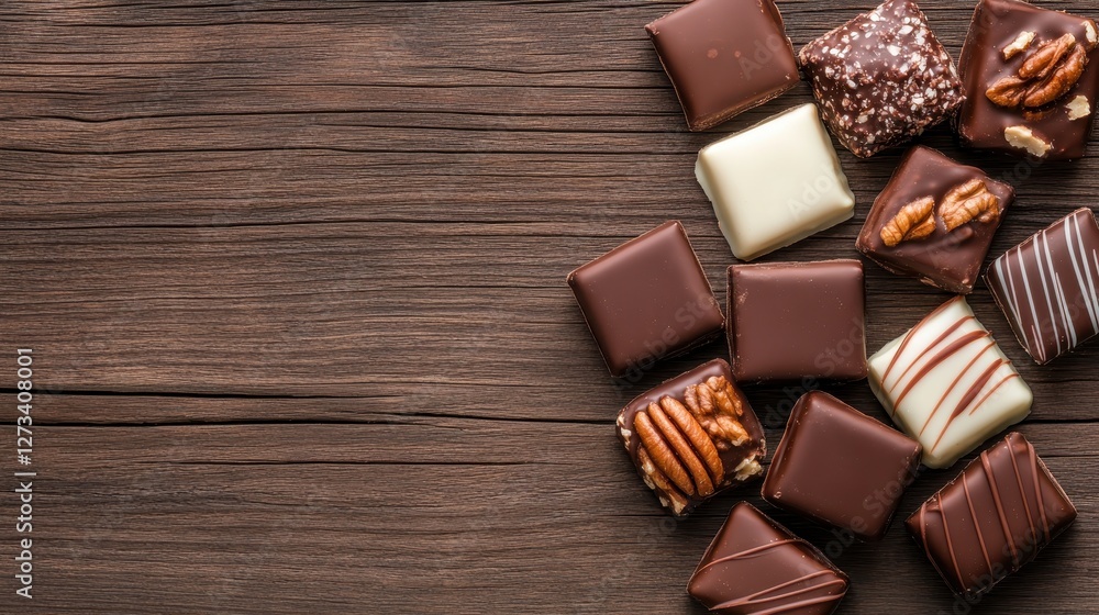 Poster an exquisite arrangement of various assorted chocolates paired with nuts, set against a rustic backg