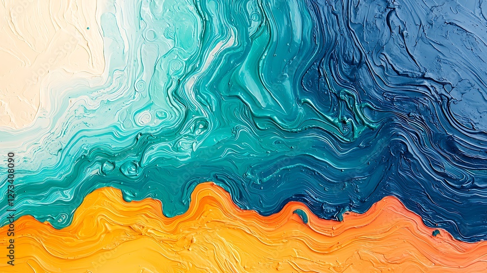 Poster a vibrant abstract design featuring swirling colors of turquoise, blue, and orange, creating a dynam