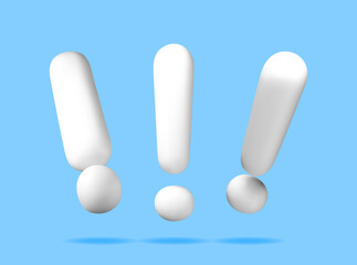 3D white exclamation mark isolated blue. Render attention, information, danger and warning icon. Alert and alarm symbol. Social media network notification reminder. Vector illustration
