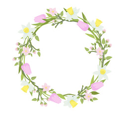 Circle frame Flower wreath of blossoming  tree branches, daffodils and tulips.