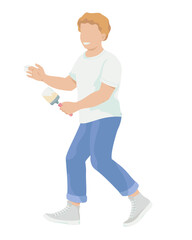 Boy with brush for whitewashing apple tree. 