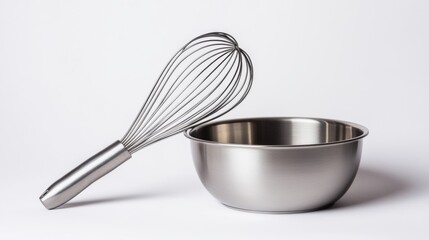 A sleek whisk rests beside a modern stainless steel mixing bowl. Perfect for culinary creations. Essential tools for every kitchen enthusiast. Generative AI