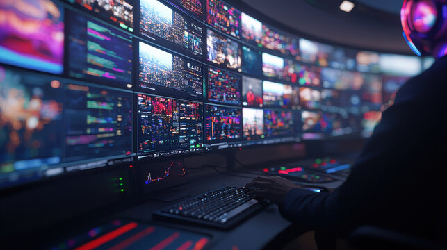 virtual event conference technology concept.Data analysis in high tech control room with multiple screens displaying information