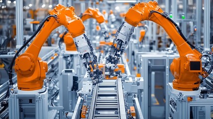 Industrial Robots Working on Assembly Line in Manufacturing Automation