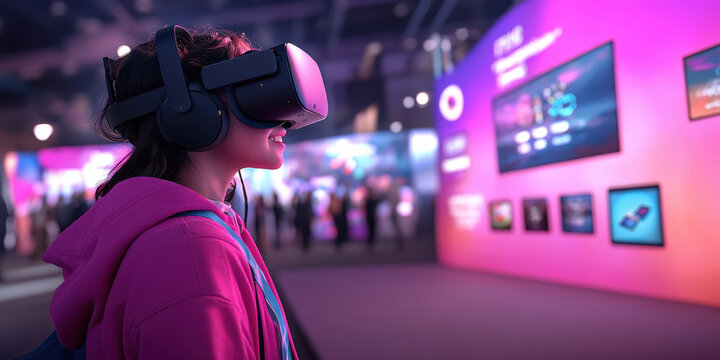 virtual event conference technology concept.Virtual reality experience at technology showcase with engaging displays