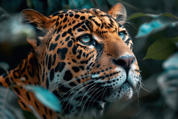 Obraz premium Jaguar with intense gaze amid lush greenery. Wild jungle animal portrait