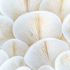 A close-up of soft, white mushroom caps arranged beautifully, showcasing the intricate texture and details of the fungi.