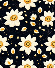 Fototapeta premium Ethnic Fabric Seamless Pattern A beautiful floral pattern featuring white flowers on a dark background.