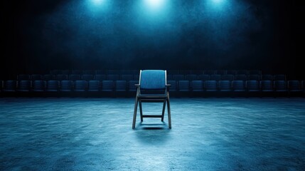 An isolated chair on an empty stage is spotlighted, evoking solitude and anticipation, representing potentiality in a theatrical or performance setting.