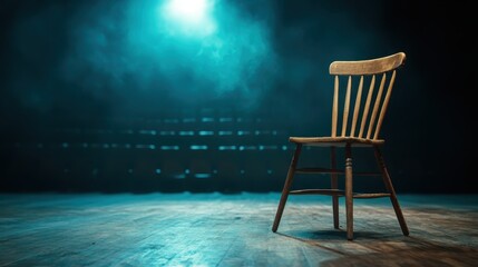 A solitary wooden chair stands under a spotlight, creating a striking contrast against the dark setting, evoking feelings of isolation and contemplation amidst an empty auditorium.