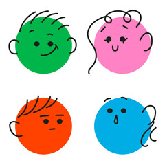 Cute doodle face set. Diferrent funny faces stickers. Modern isolated vector illustration.