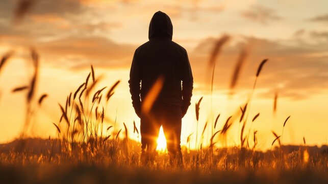A captivating sunset silhouette of a figure in a grassy landscape, reflecting on the beauty of nature and the solitude it brings in a mesmerizing twilight.