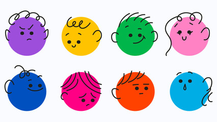 Cute doodle face set. Diferrent funny faces stickers. Modern isolated vector illustration.