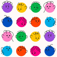 Seamless pattern with doodle face set. Diferrent funny faces sticker. Modern isolated vector illustration.