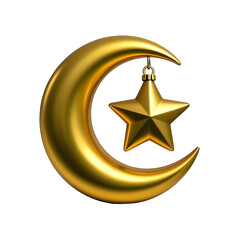 A decorative golden crescent moon and star ornament, cleanly isolated on a