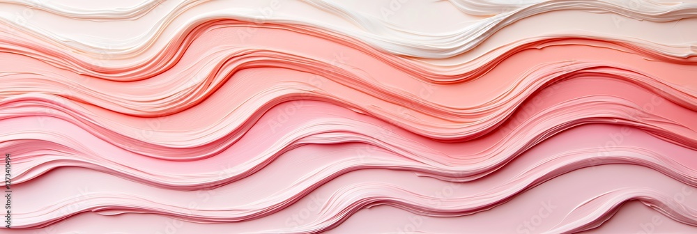 Poster a visually appealing arrangement of wavy, layered paper in soft hues of pink and white, creating a s