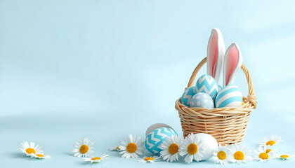 Easter banner template with Easter eggs and flower on light blue background.Greetings and presents for Easter Day .Promotion and shopping template for Easter ,Copy Space