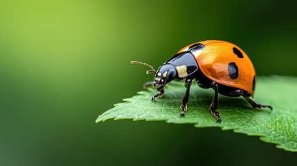 Fototapeta premium In this macro shot, a ladybug rests atop a lush green leaf, showcasing its striking colors and intricacies, symbolizing the fragility and beauty of life.