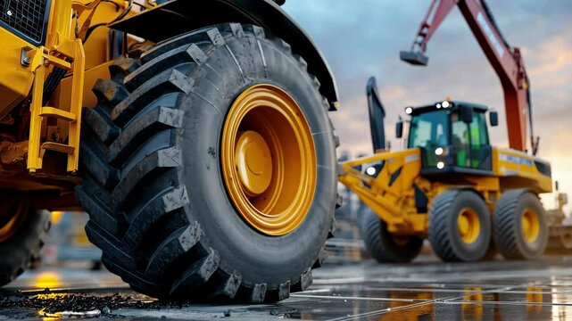 Construction Machinery in Action: A Close-Up View of Heavy Equipment and Tires at a Job Site