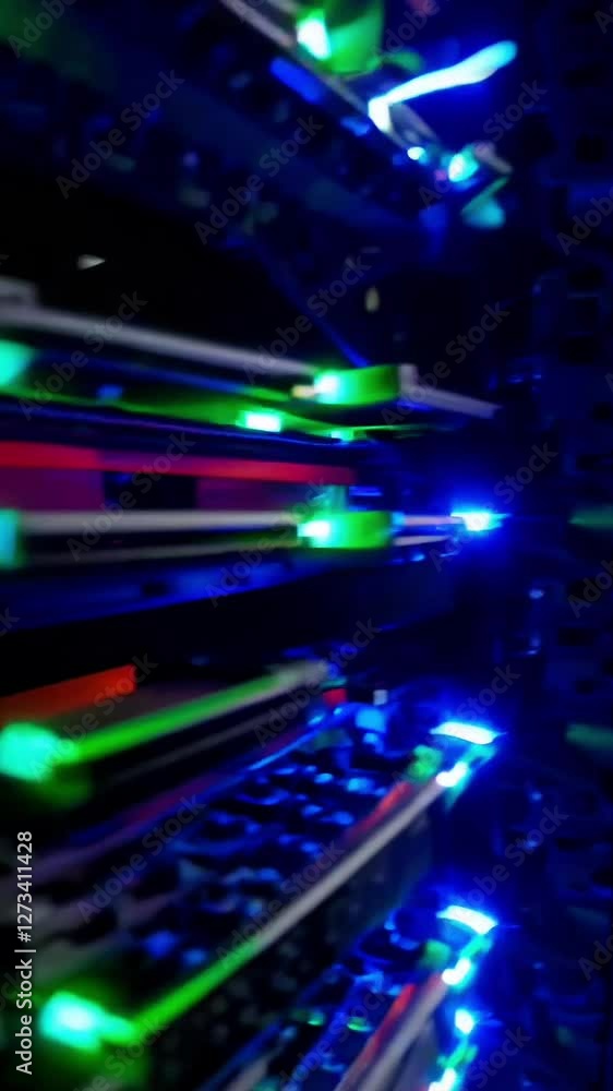 Poster illuminated data center corridor: deep dive into technology infrastructure and server operations