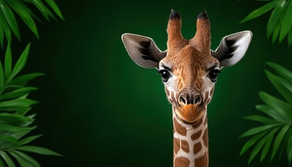 Obraz premium A close-up portrait of a giraffe surrounded by tropical leaves, showcasing its unique features in a vivid green background.