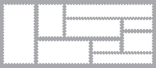 Vintage blank postage stamps isolated on white background. Collection perforated paper mark. Flat design. Vector illustration. Post stamp frame outline icon.  White postage stamp icon vector set.