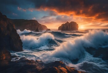 Fototapeta premium Sunset Wave Fury: Rocky Cliffs and Crashing Waves at Twilight