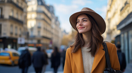 Fototapeta premium Stylish woman strolling along busy urban avenue, wearing hat and coat, exuding confidence and joy.