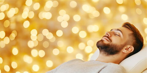 A man enjoys a peaceful moment with his head tilted back, relaxing amidst soft, warm golden lights. This image exudes a sense of calm and relaxation, perfect for self-care and well-being.