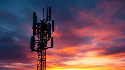 A telecommunications tower silhouetted against a stunning sunset sky, representing technological advancement and connectivity in a visually captivating evening scene.