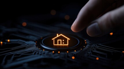 A close-up view of a hand interacting with a digital house icon on a futuristic circuit board.