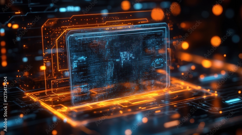 Poster futuristic screen displaying data, glowing circuit board background, digital interface, tech present