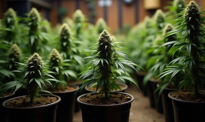 A vibrant greenhouse filled with lush cannabis plants in pots, showcasing healthy growth, perfect for agricultural, horticultural, or wellness-related projects.