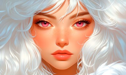 Fototapeta premium A cute girl with white hair and pink eyes, generation AI 