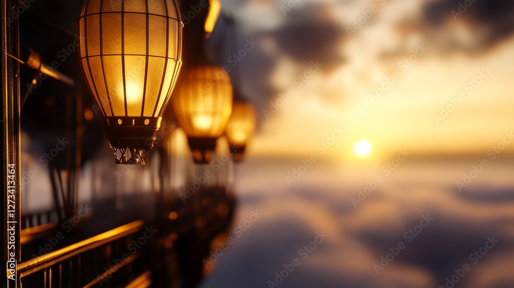Canvas Prints serene sunset view with glowing lanterns suspended over a sea of clouds, creating a tranquil atmosph