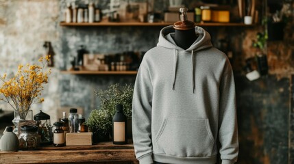 Grey Hoodie Displayed on Mannequin Near Botanicals
