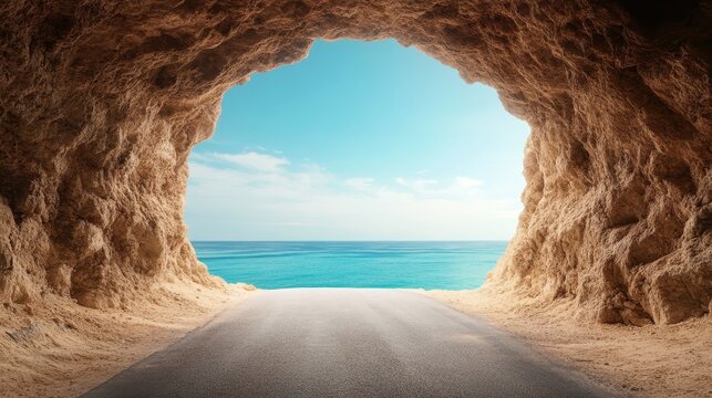 A stunning image showing a rocky tunnel revealing a breathtaking ocean view beyond, merging elements of nature and the allure of adventurous travel destinations together.