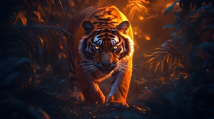 Stunning Tiger Walking Boldly in Lush Green Wildlife Habitat Photo