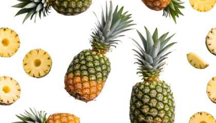 A fresh set of ripe pineapples and tropical fruits isolated on a white background, showcasing their vibrant yellow color, natural freshness, and deliciously juicy appearance