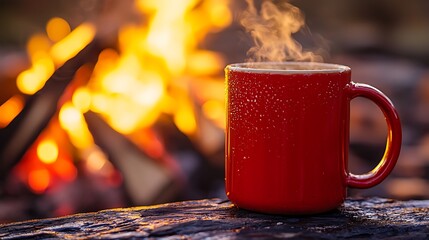 Red mug steams near warm campfire at dusk, suggesting relaxation and outdoor lifestyle
